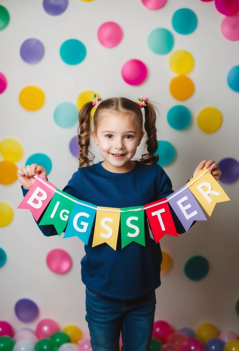 A young girl holding a handmade banner with the words "Big Sister" in colorful letters, surrounded by symbols of pregnancy and family