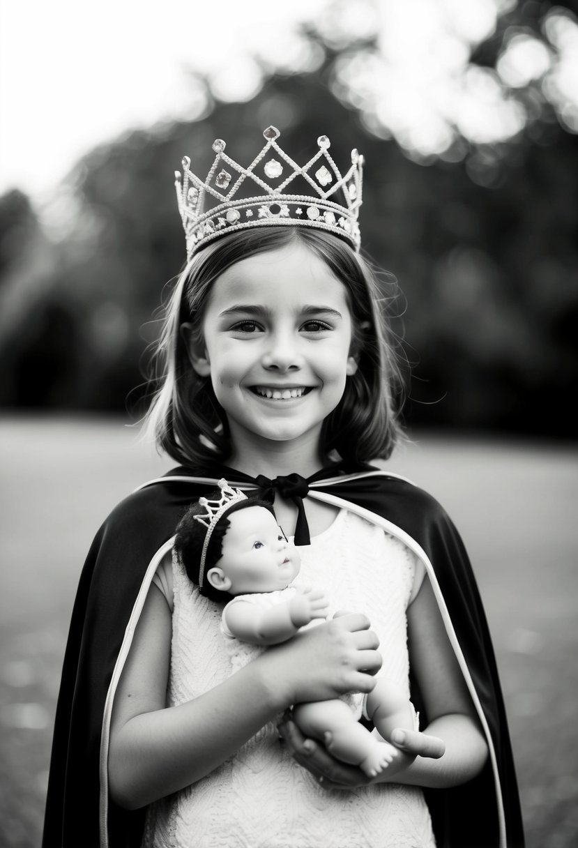 A young girl in a crown and a cape, holding a baby doll and smiling proudly