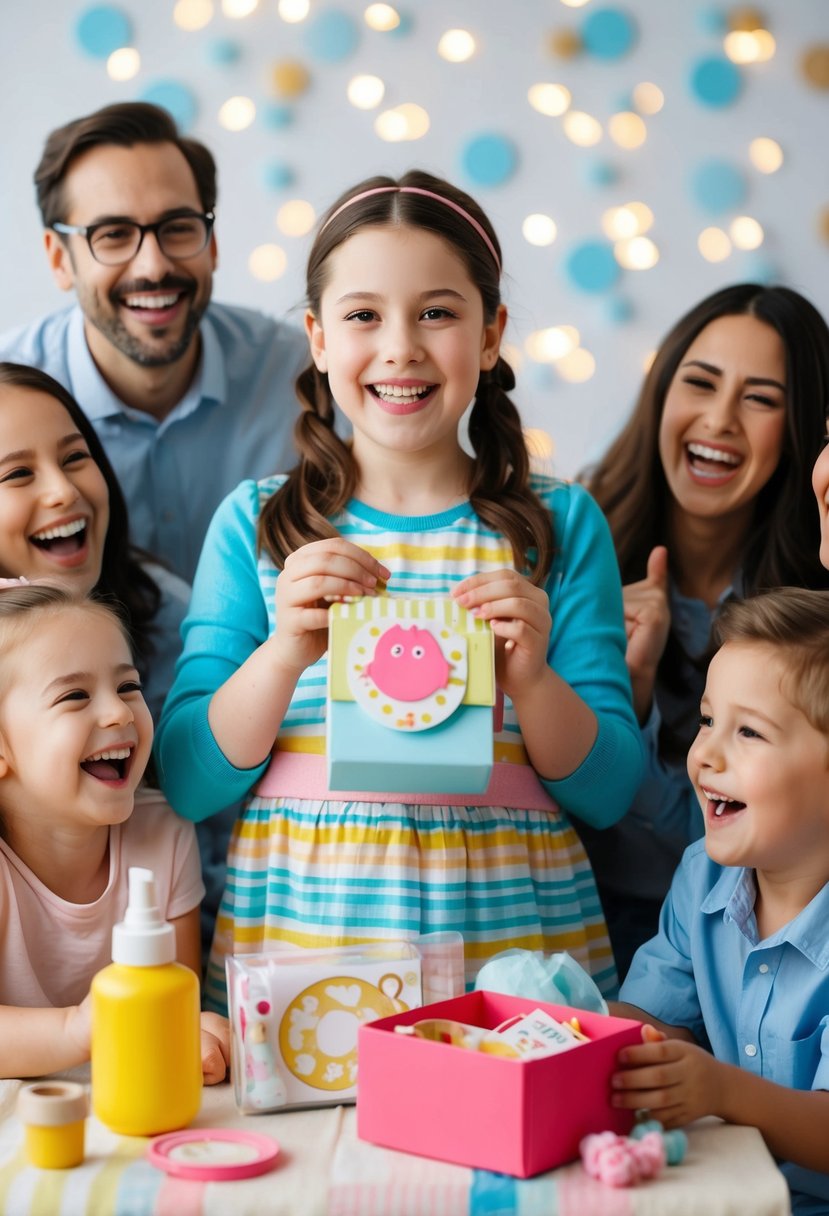 A big sister holding a craft kit with baby-themed items, surrounded by joyful family members
