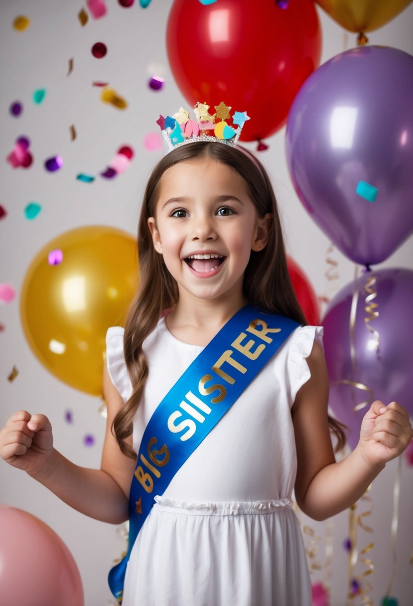A young girl wearing a big sister sash with excitement and anticipation, surrounded by balloons and confetti