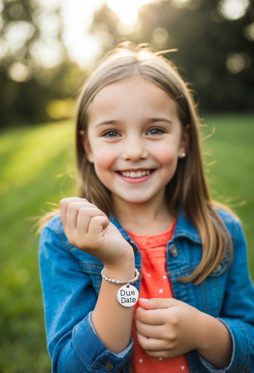 A young girl holding a bracelet with a charm depicting a due date, smiling and looking excited
