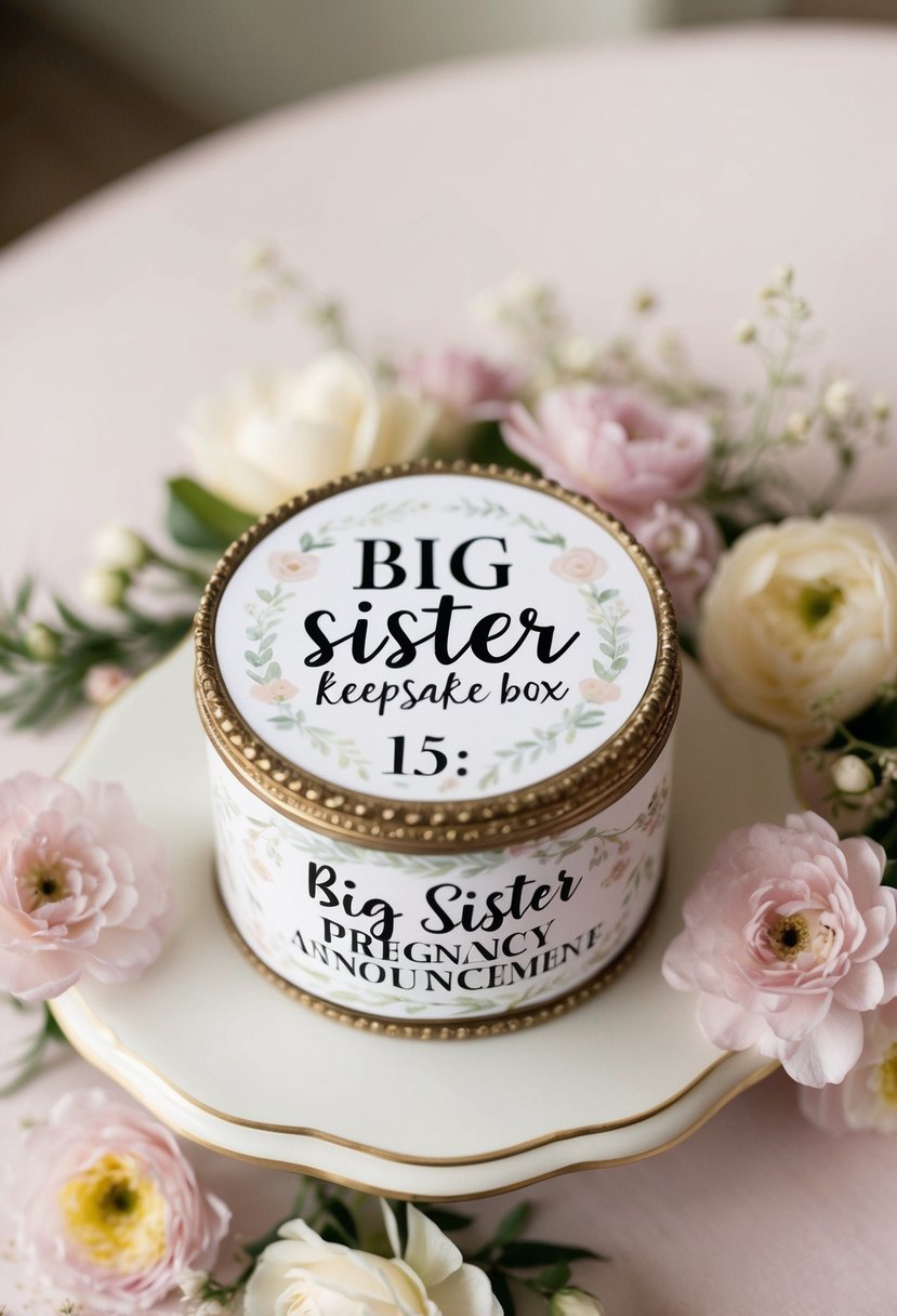 A small, ornate box sits on a table, adorned with the words "Big Sister Keepsake Box" and "15 Big Sister Pregnancy Announcement." It is surrounded by delicate flowers and a soft, pastel color palette