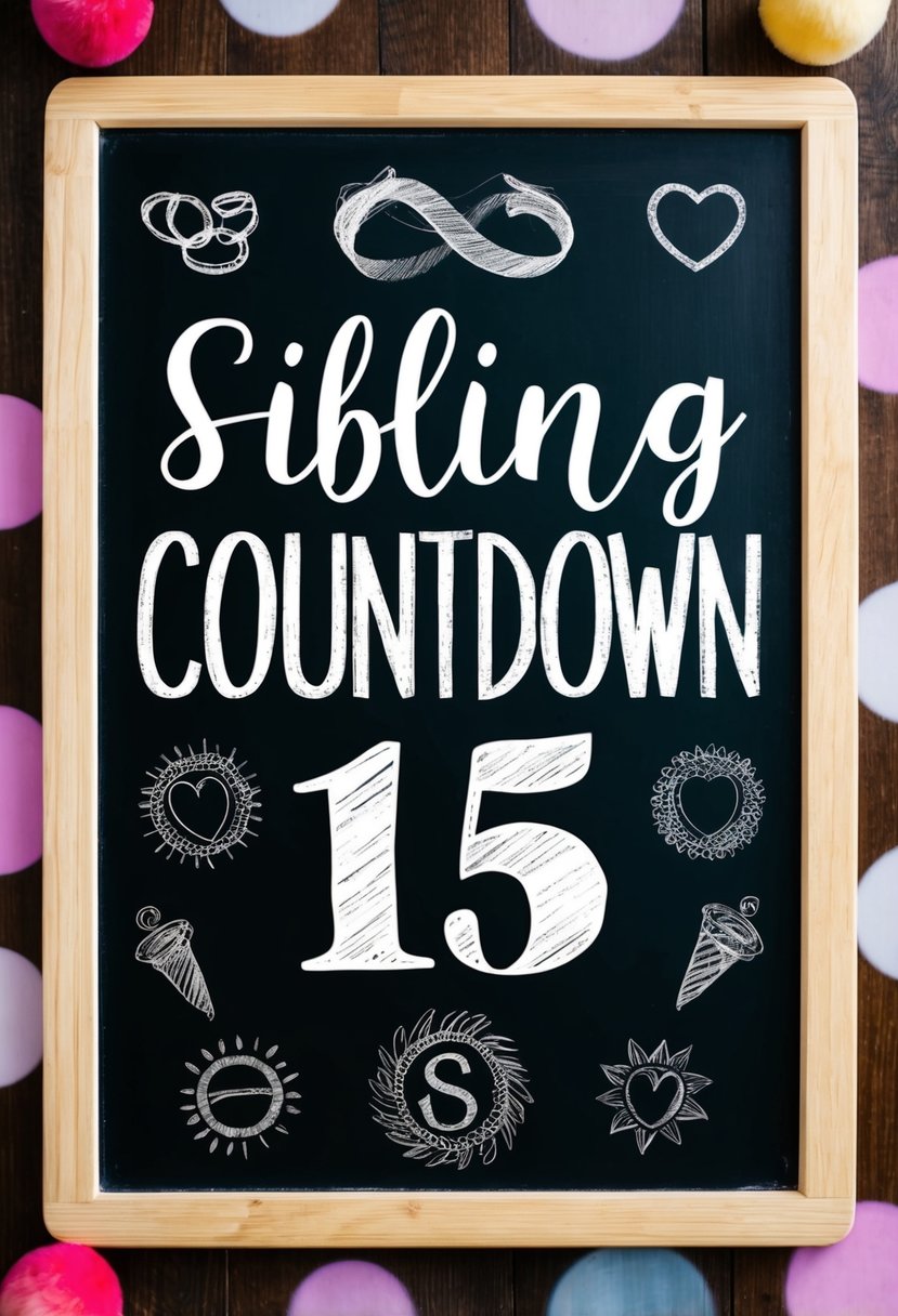 A chalkboard with "Sibling Countdown" and "15" written on it, surrounded by symbols of sisterhood and pregnancy announcement