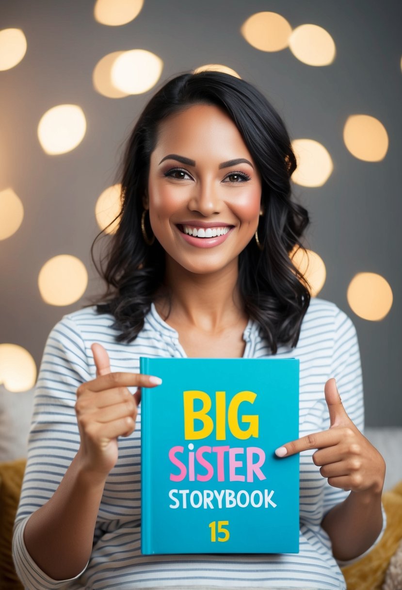 A smiling woman holding a book with "Big Sister Storybook 15" on the cover, while pointing to her belly with excitement