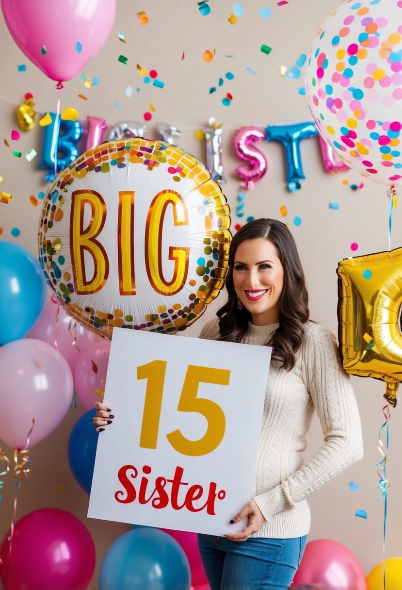 A cheerful party scene with balloons, confetti, and a large "Big Sister" sign. A pregnant woman smiles as she holds a "15" balloon