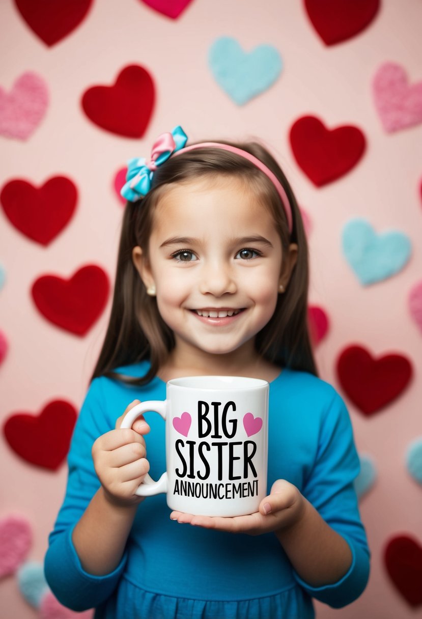 A young girl holding a mug with the words "Big Sister Announcement" surrounded by hearts and baby items