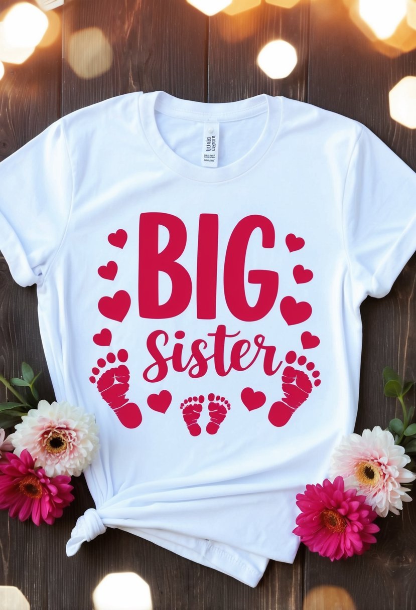 A big sister t-shirt with baby footprints surrounded by hearts and flowers