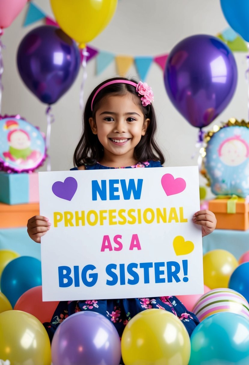 A young girl with a big smile holds a sign announcing her new role as a big sister, surrounded by colorful balloons and baby-themed decorations
