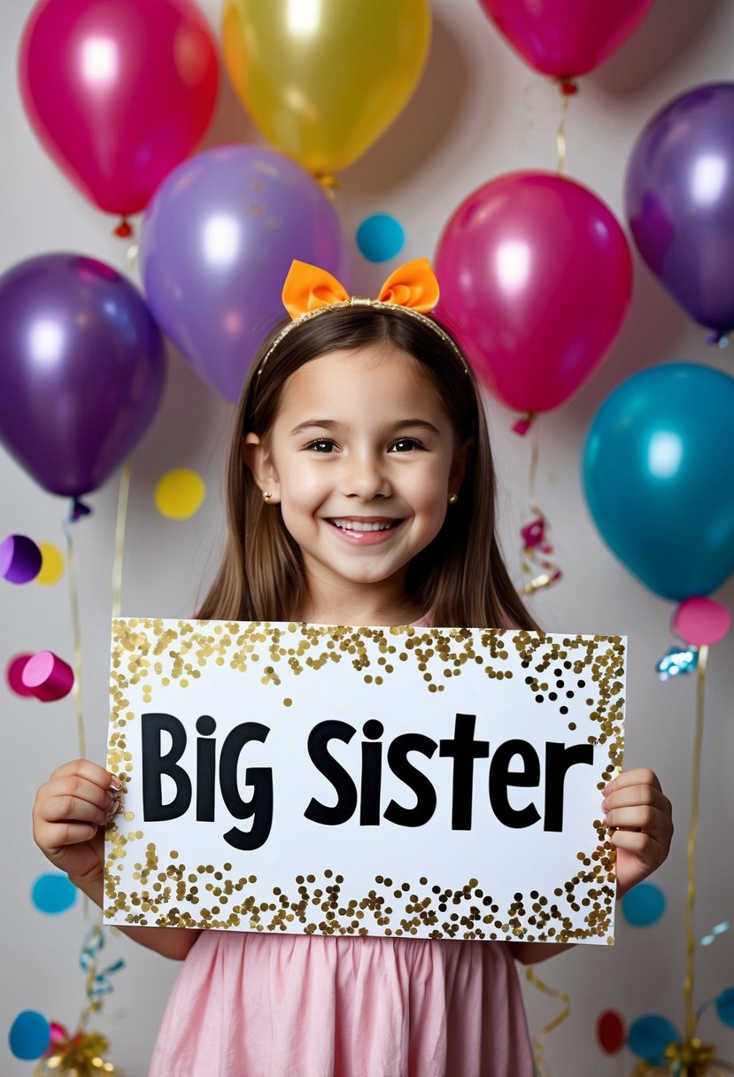 A young girl holds a handmade sign with the words "Big Sister" surrounded by colorful balloons and confetti. She is smiling with excitement and anticipation