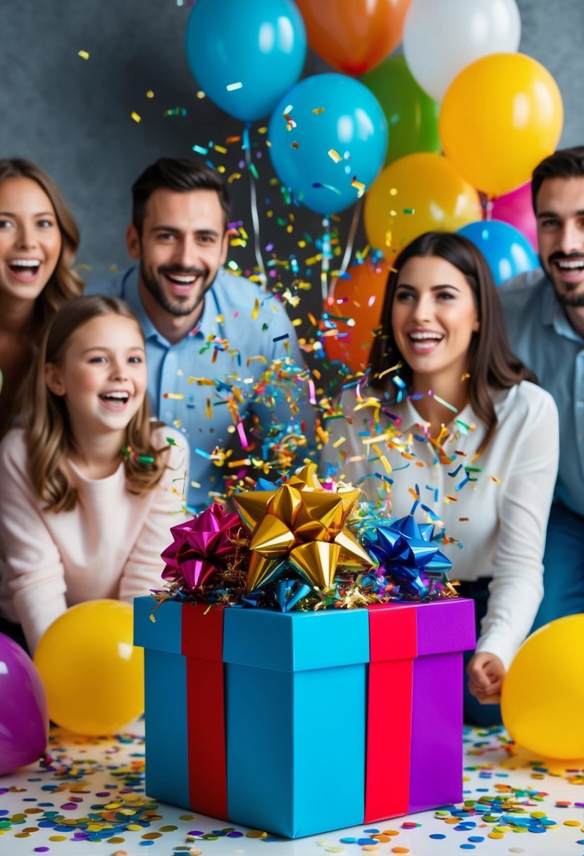 A colorful gift box bursting with confetti and balloons, surrounded by excited family and friends