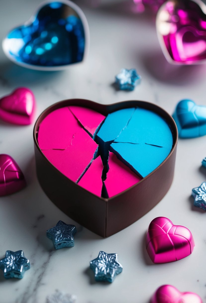 A heart-shaped chocolate box with a crack down the middle, revealing either pink or blue filling, surrounded by decorative elements