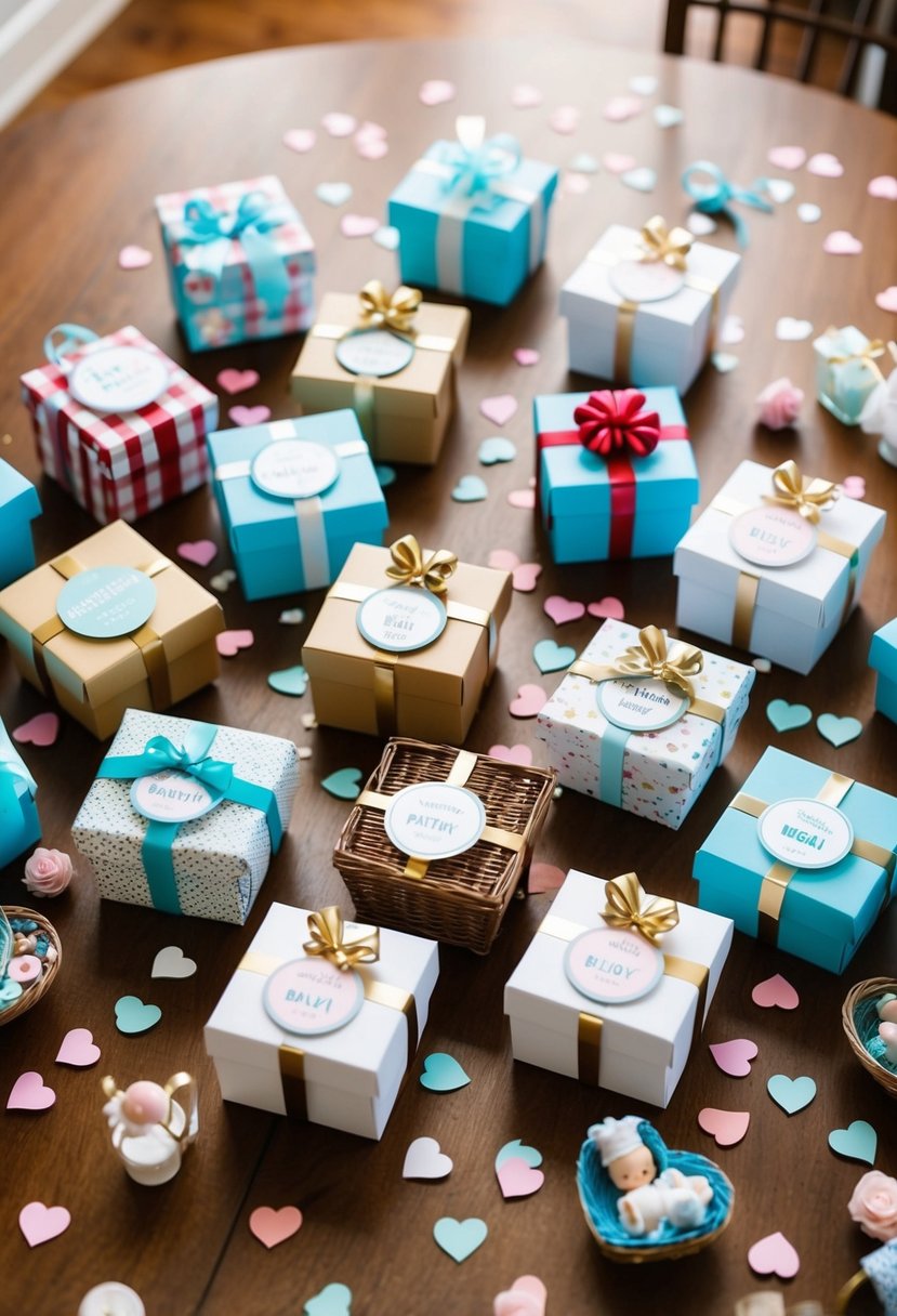 A table scattered with 10 miniature baby hamper gift boxes, each adorned with different gender reveal themes, surrounded by heart-shaped confetti and tiny baby accessories