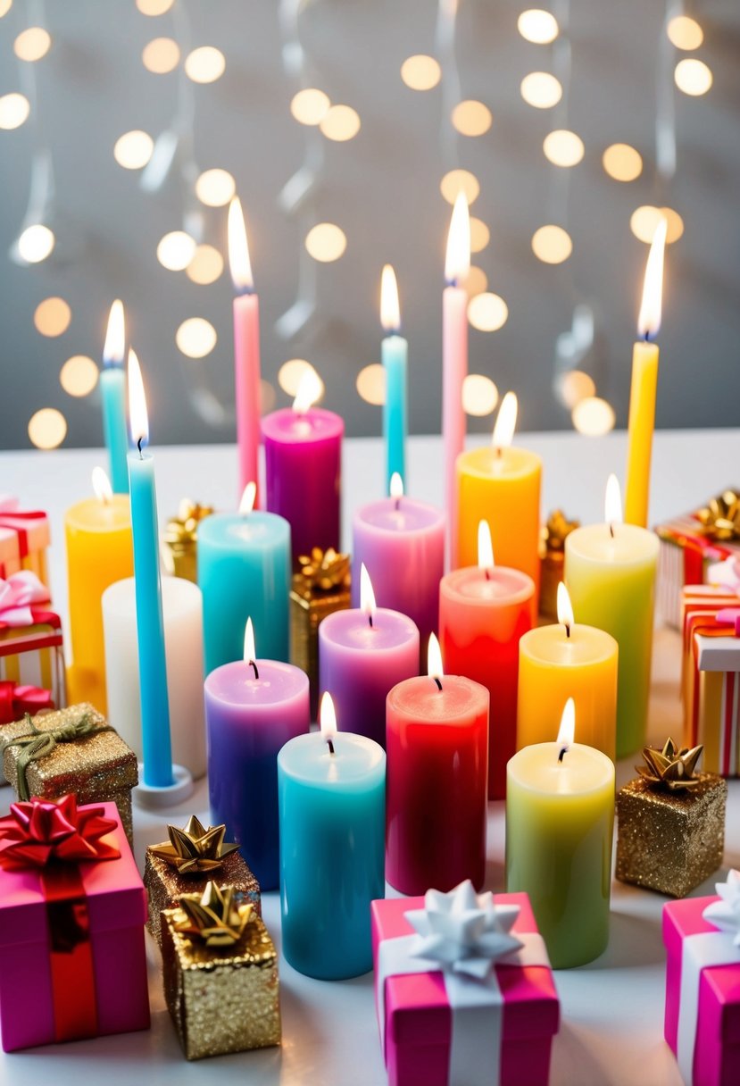 A table adorned with 10 custom gender reveal candles in a variety of colors and designs, surrounded by DIY gift boxes filled with heartfelt surprises