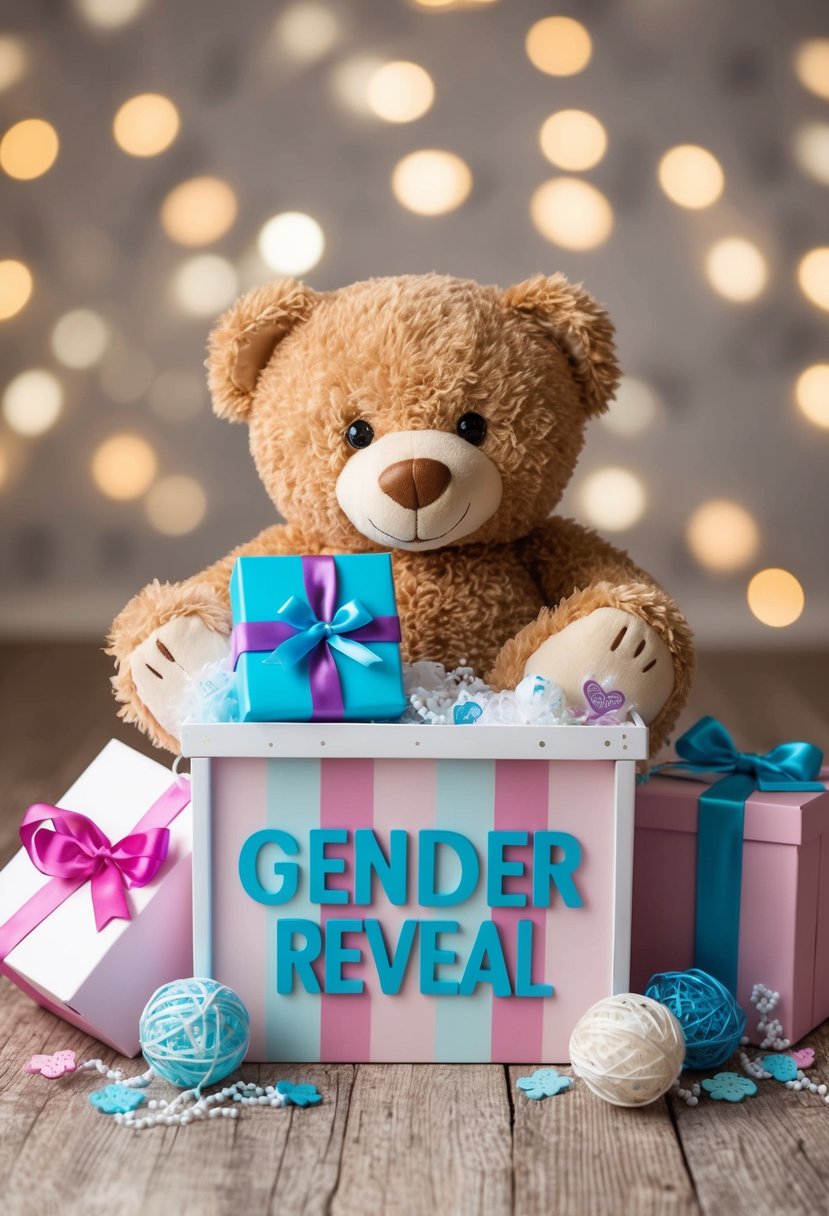 A teddy bear toy box surrounded by gender reveal gift items and decorations, exuding warmth and joy