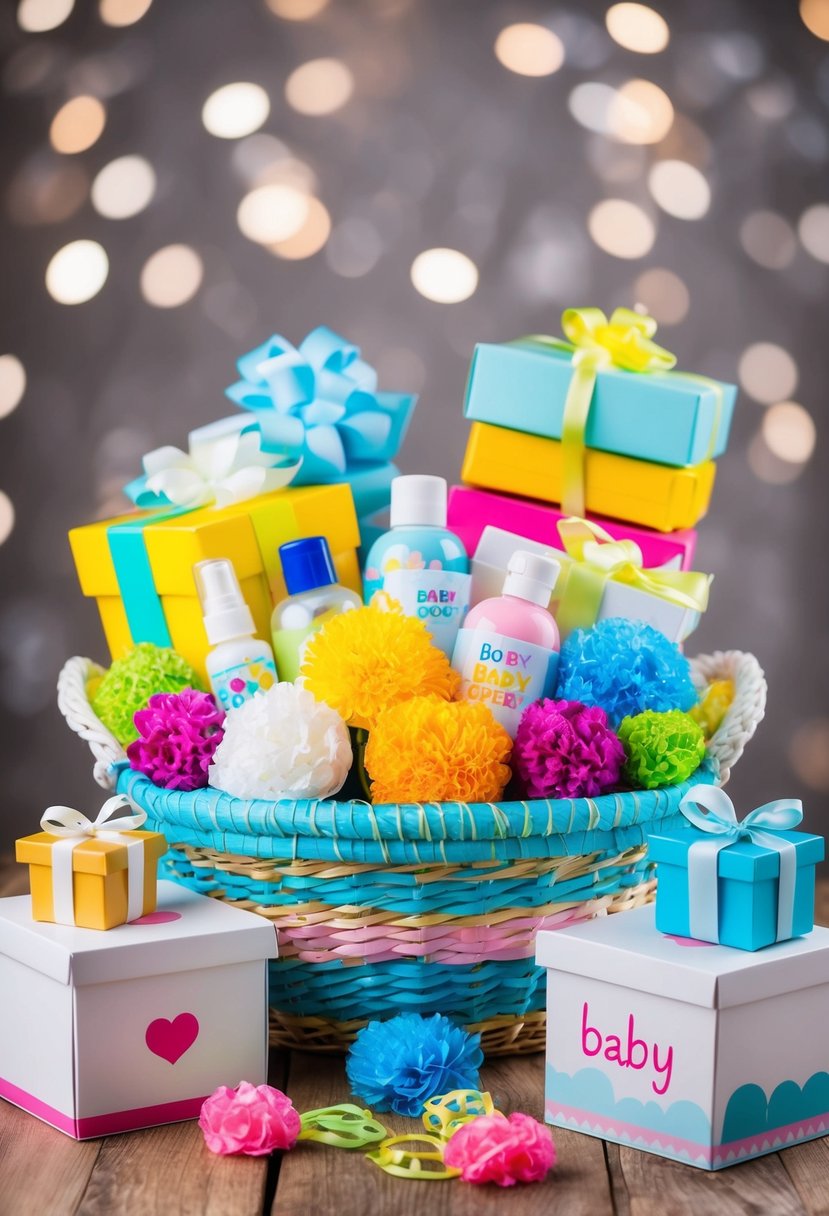 A colorful assortment of DIY baby shower gift items arranged in a decorative basket, surrounded by gender reveal gift boxes with heartwarming designs