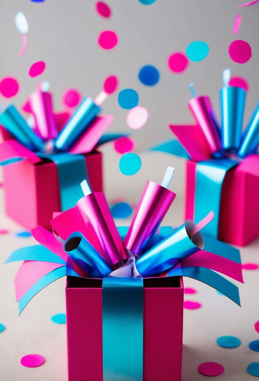 Colorful confetti poppers burst from gift boxes, revealing pink and blue surprises