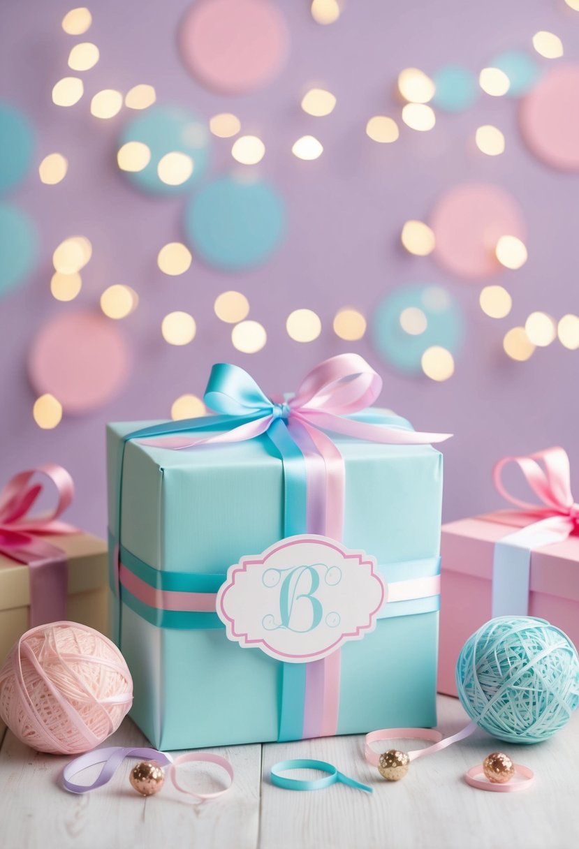 A pastel-colored baby blanket box with a monogram and decorative ribbons, surrounded by other gender reveal gift items