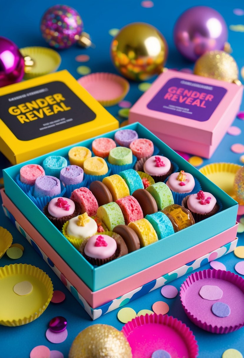 A colorful assortment of gender reveal sweets arranged in a decorative box, surrounded by festive decorations and confetti