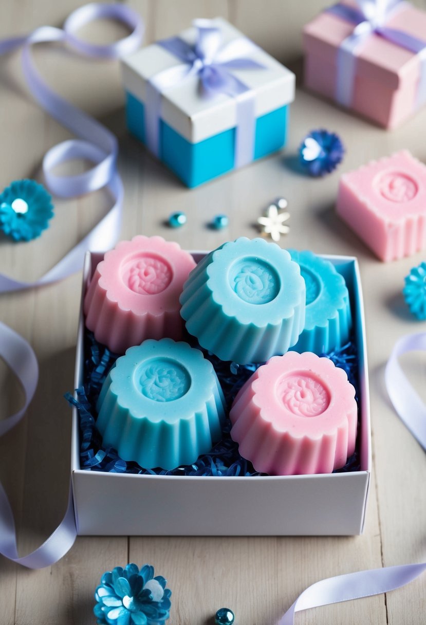 A gift box filled with handcrafted pink and blue soaps, surrounded by delicate ribbons and decorative elements
