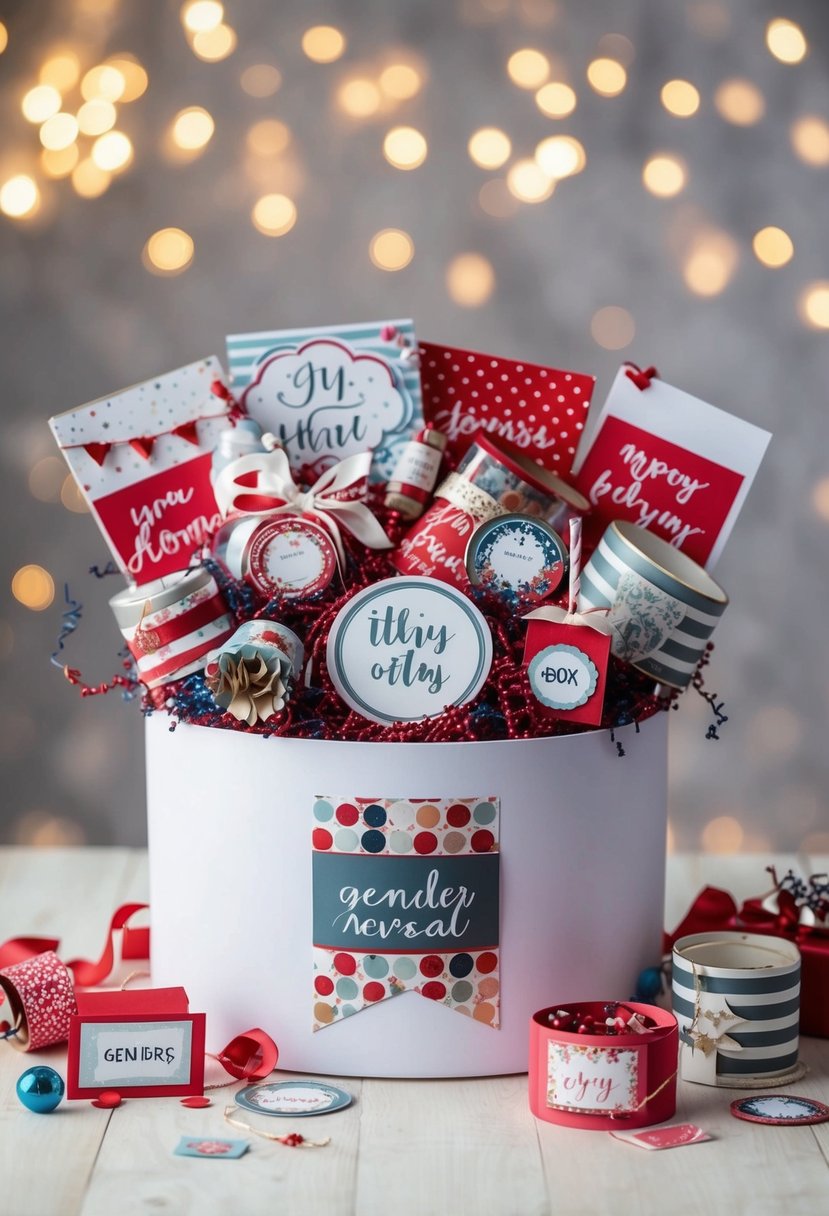 A gender reveal gift box bursting with personalized touches - handmade decorations, custom labels, and thoughtful details - evoking warmth and joy