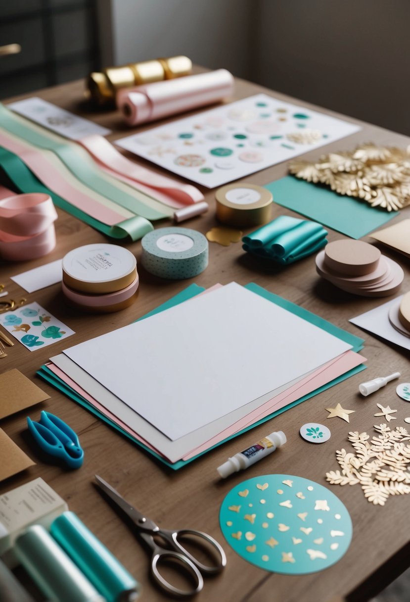 A table with various crafting materials laid out, including ribbons, paper, and decorative stickers. A pair of scissors and glue are also present