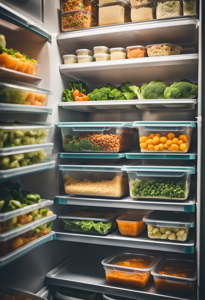 A freezer filled with neatly arranged containers of various healthy meals, such as soups, casseroles, and stir-fries