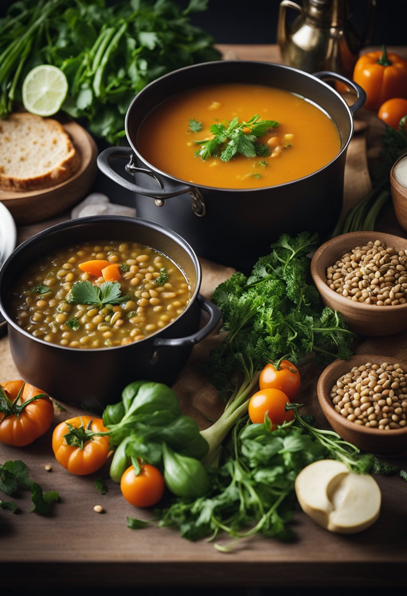 A pot of detox lentil soup simmering on a stove, surrounded by fresh vegetables and herbs