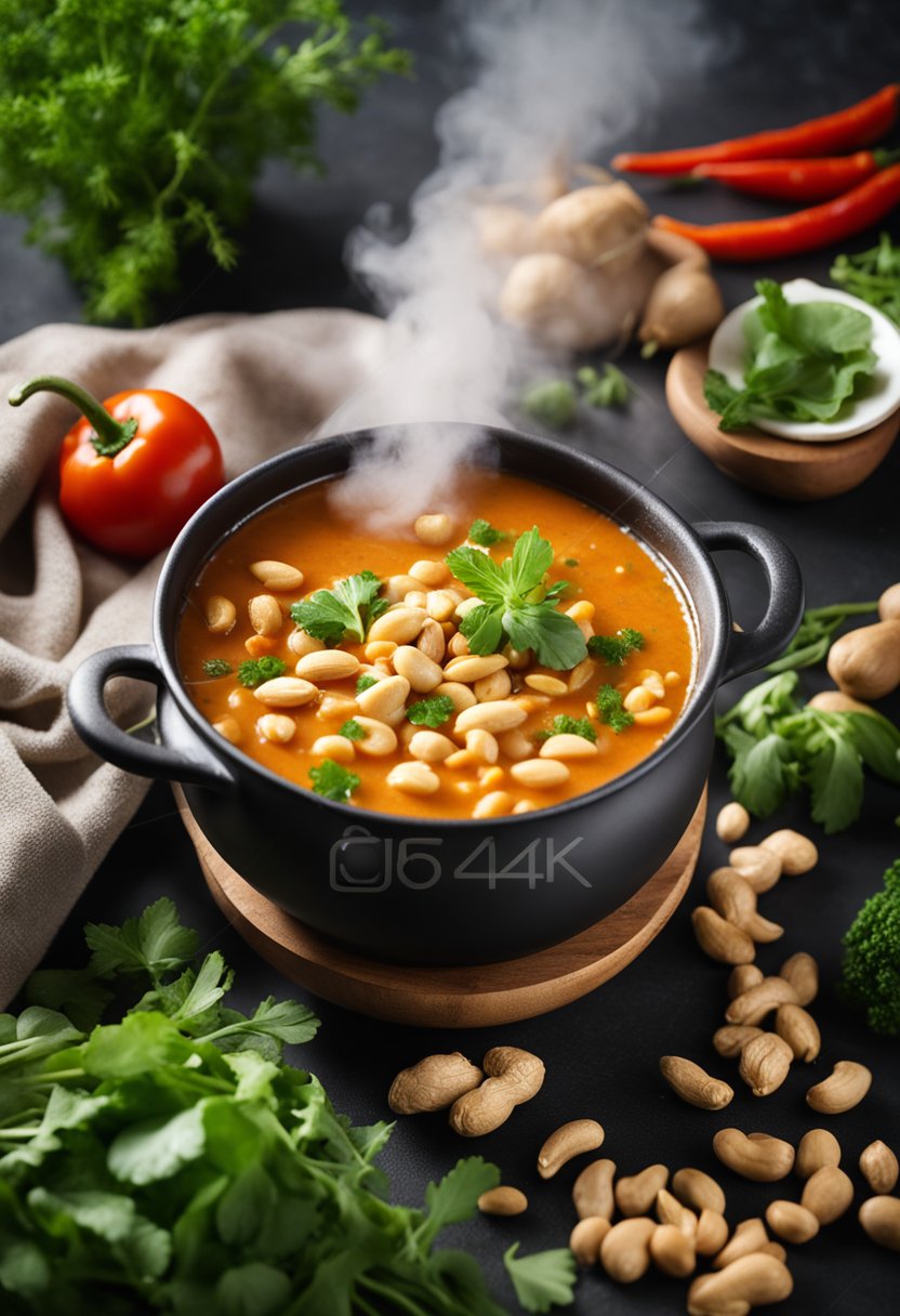 A steaming pot of spicy peanut soup surrounded by fresh vegetables and herbs