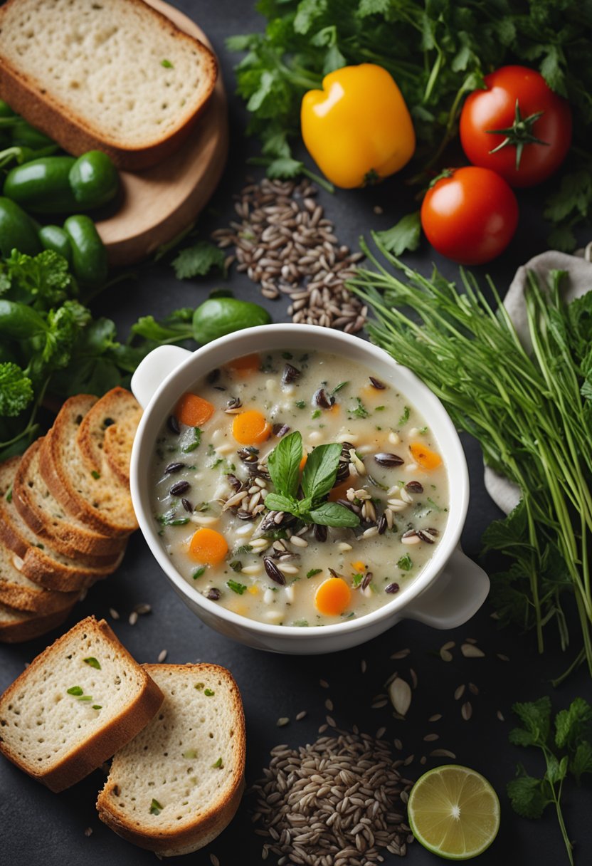A steaming bowl of wild rice soup surrounded by fresh vegetables and herbs, with a loaf of crusty bread on the side