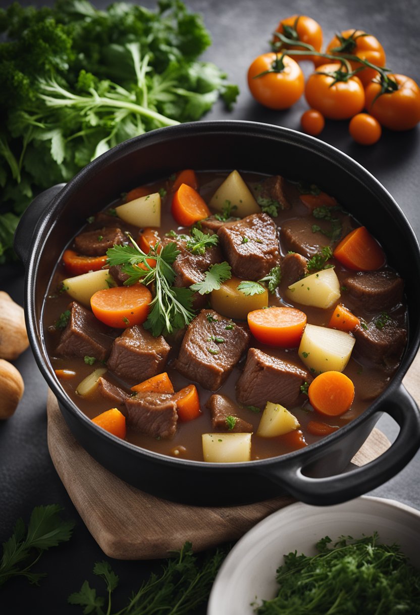 A steaming pot of hearty beef stew surrounded by fresh vegetables and herbs, ready to be portioned into freezer containers