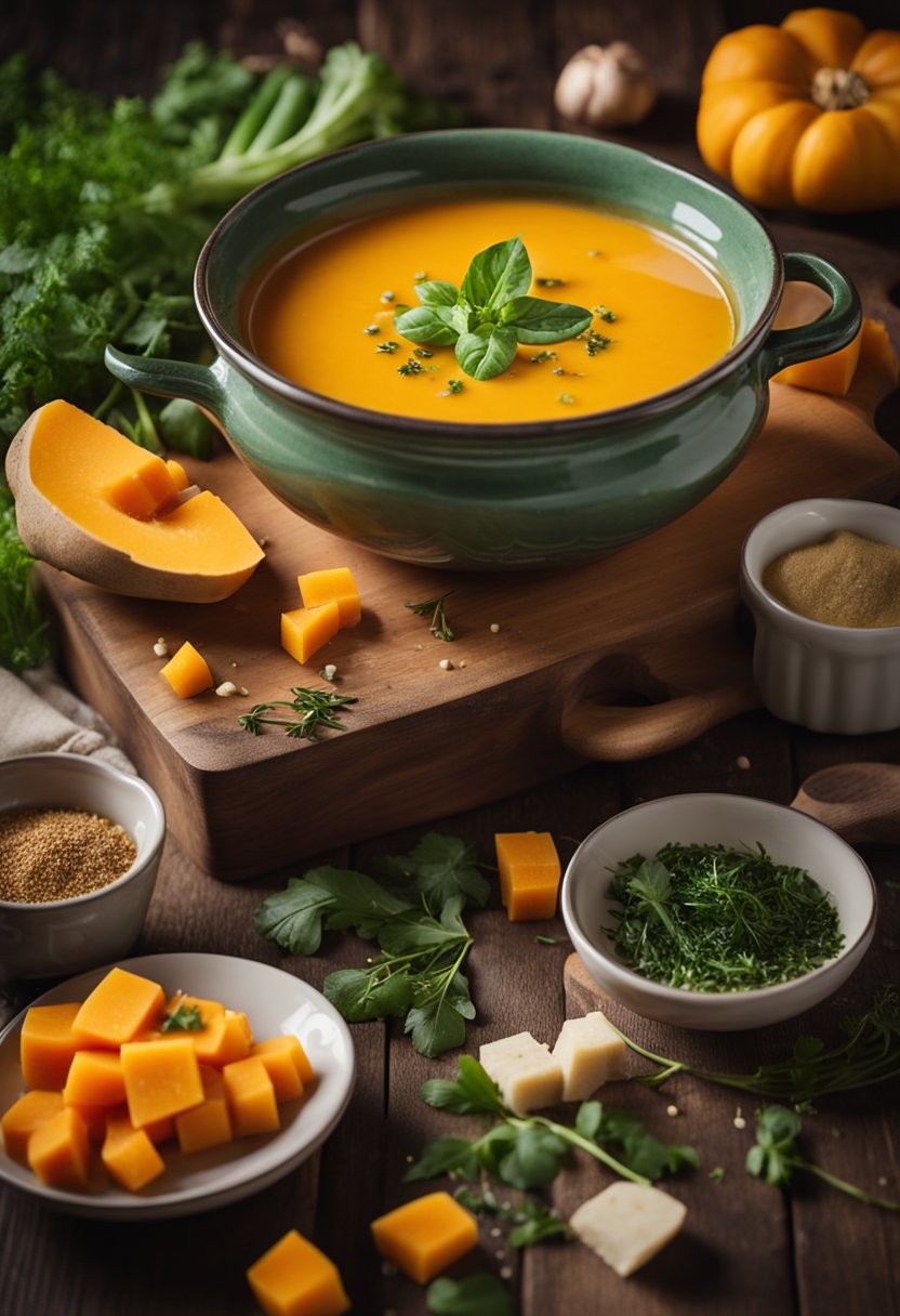 A steaming bowl of butternut squash soup surrounded by colorful vegetables and herbs on a rustic wooden table