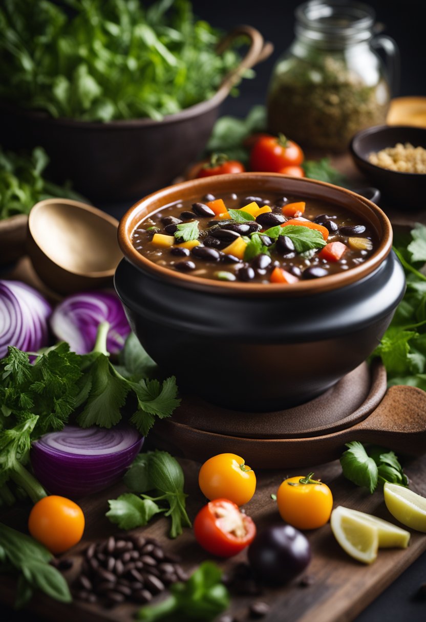 A steaming bowl of black bean soup surrounded by colorful vegetables and herbs