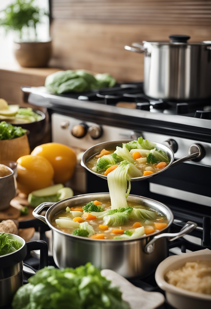 A pot of cabbage soup simmering on a stove, surrounded by various healthy ingredients and freezer-safe containers