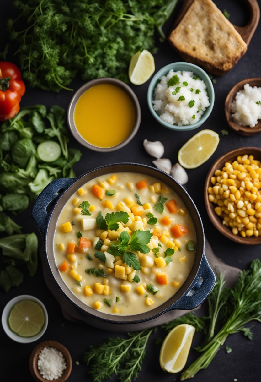 A steaming pot of corn chowder surrounded by fresh vegetables and herbs, with containers of frozen healthy meals in the background