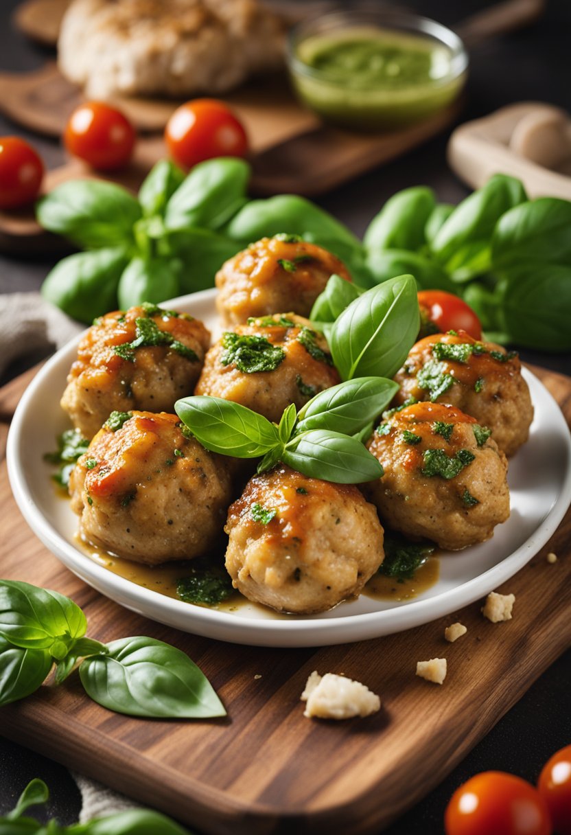 A plate of chicken pesto meatballs surrounded by fresh basil leaves and cherry tomatoes on a wooden cutting board