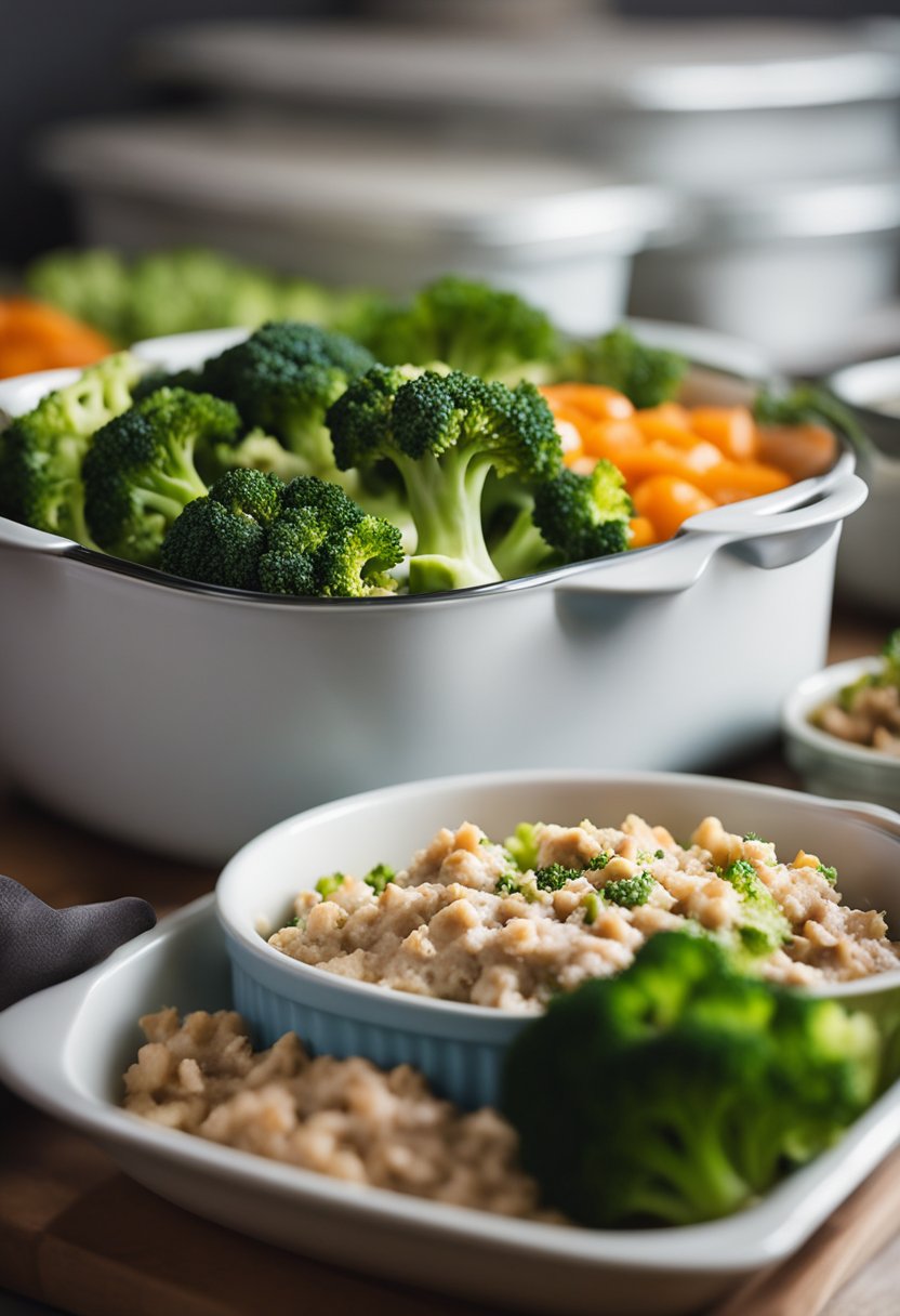 A steaming casserole dish filled with broccoli and tuna, surrounded by containers of other healthy freezer meals