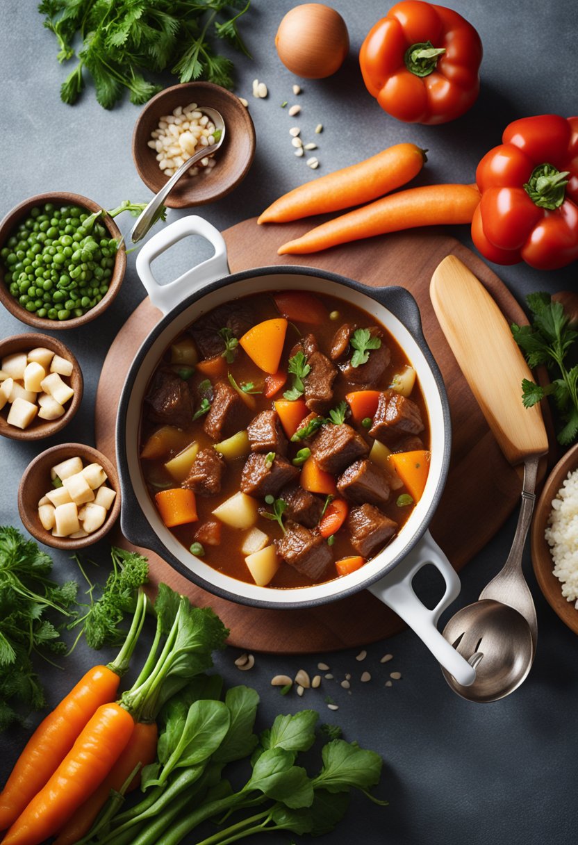 A pot of sweet-and-sour beef stew simmering on a stovetop, surrounded by colorful vegetables and herbs