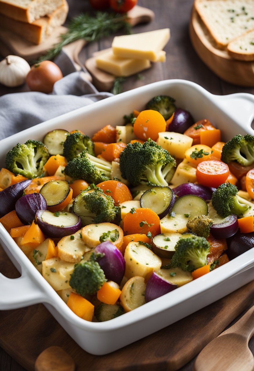 A colorful array of roasted vegetables layered with bread and cheese in a casserole dish, ready to be baked into a delicious and healthy vegetable strata