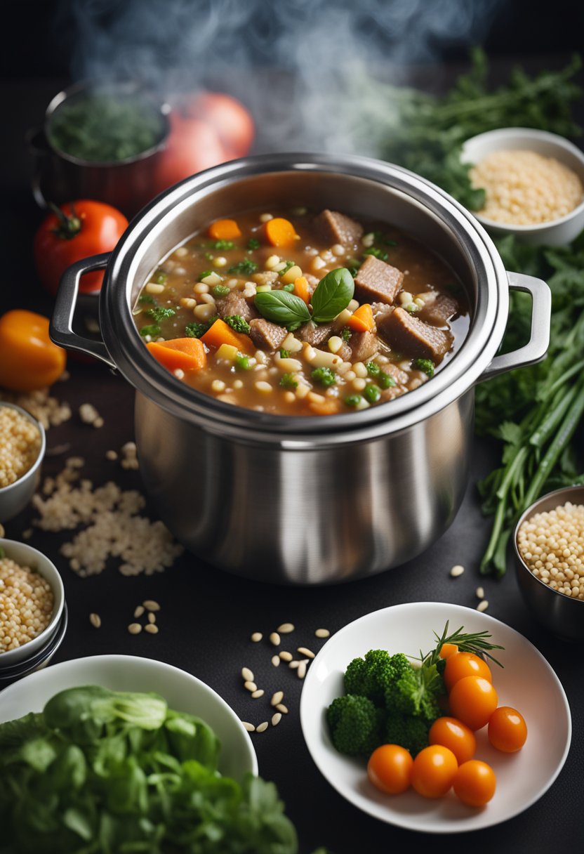 A steaming pot of beef barley soup surrounded by fresh vegetables and herbs, with containers of portioned meals ready for the freezer