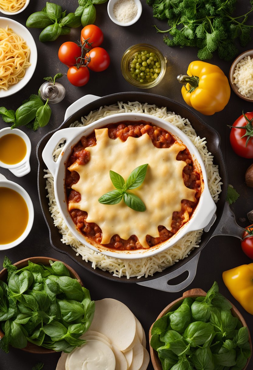 A skillet lasagna being prepared with healthy ingredients, surrounded by various other freezer meals