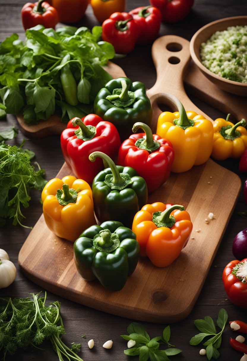 A colorful array of stuffed peppers arranged on a wooden cutting board, surrounded by fresh herbs and vibrant vegetables