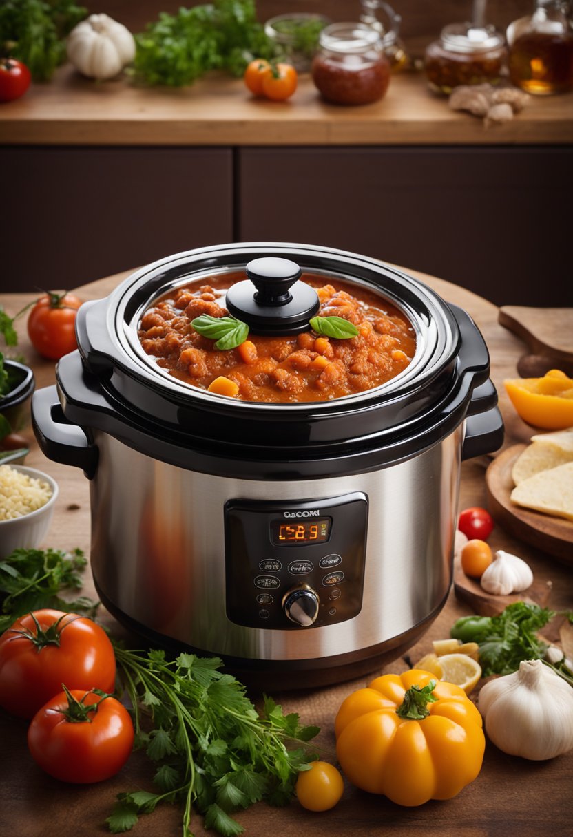 A slow cooker bubbling with rich Bolognese sauce surrounded by colorful, fresh ingredients