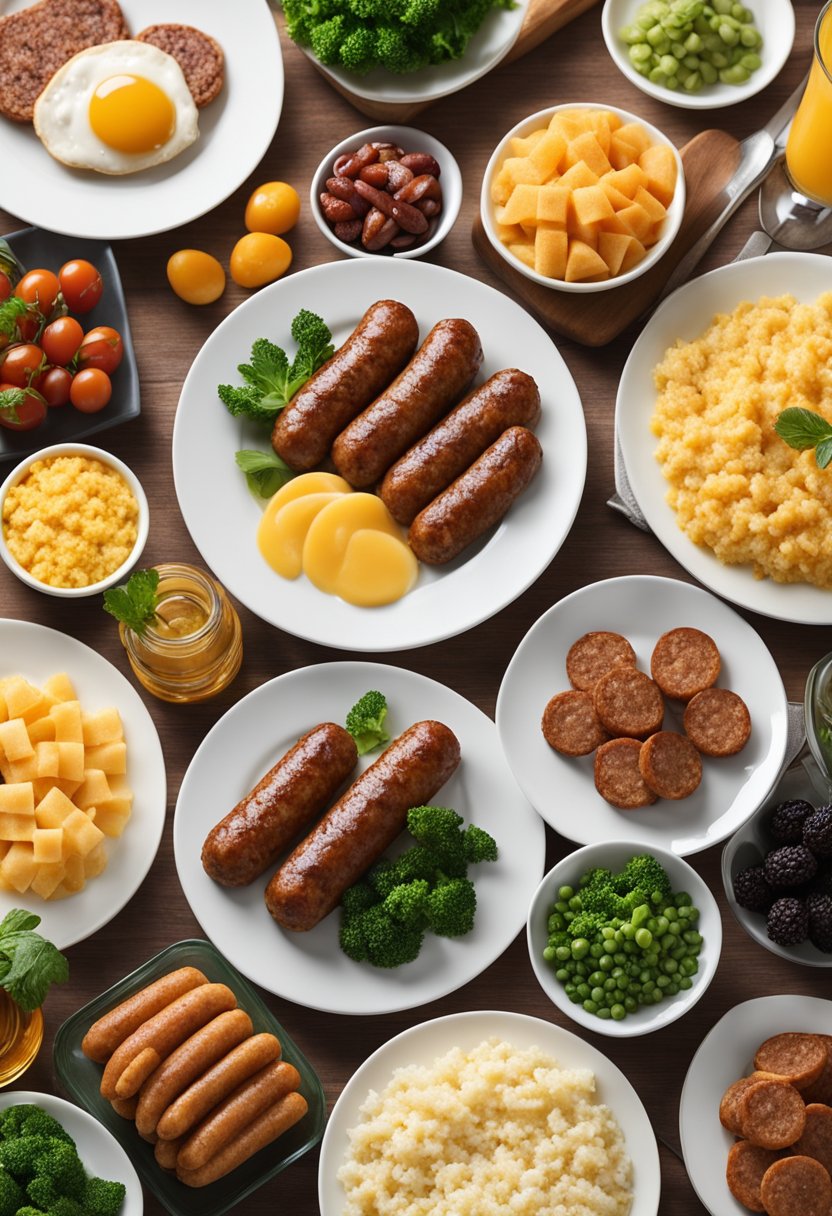A plate of breakfast sausage surrounded by 22 frozen healthy meals