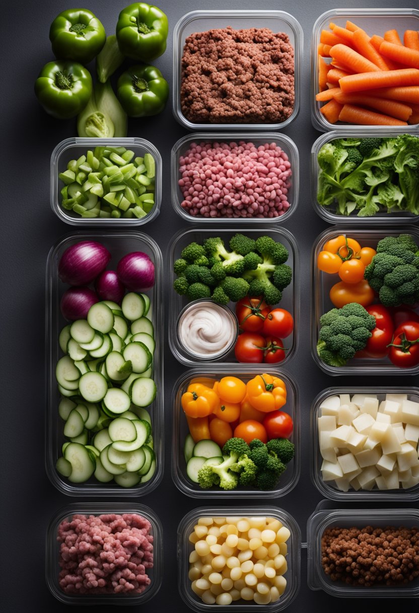 A variety of fresh vegetables and lean ground beef arranged neatly on a clean kitchen counter, surrounded by containers and freezer bags