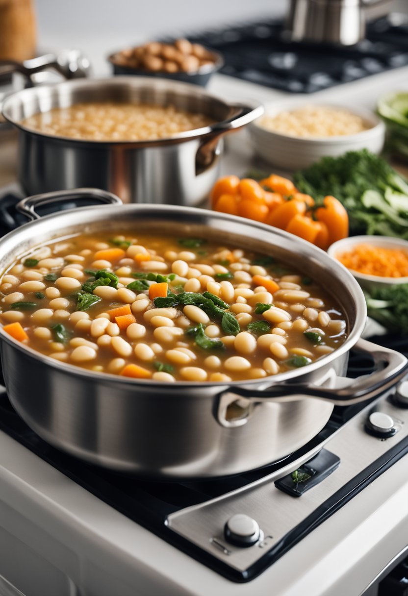 A pot of navy bean soup simmering on a stove, surrounded by fresh ingredients and containers of prepped freezer meals