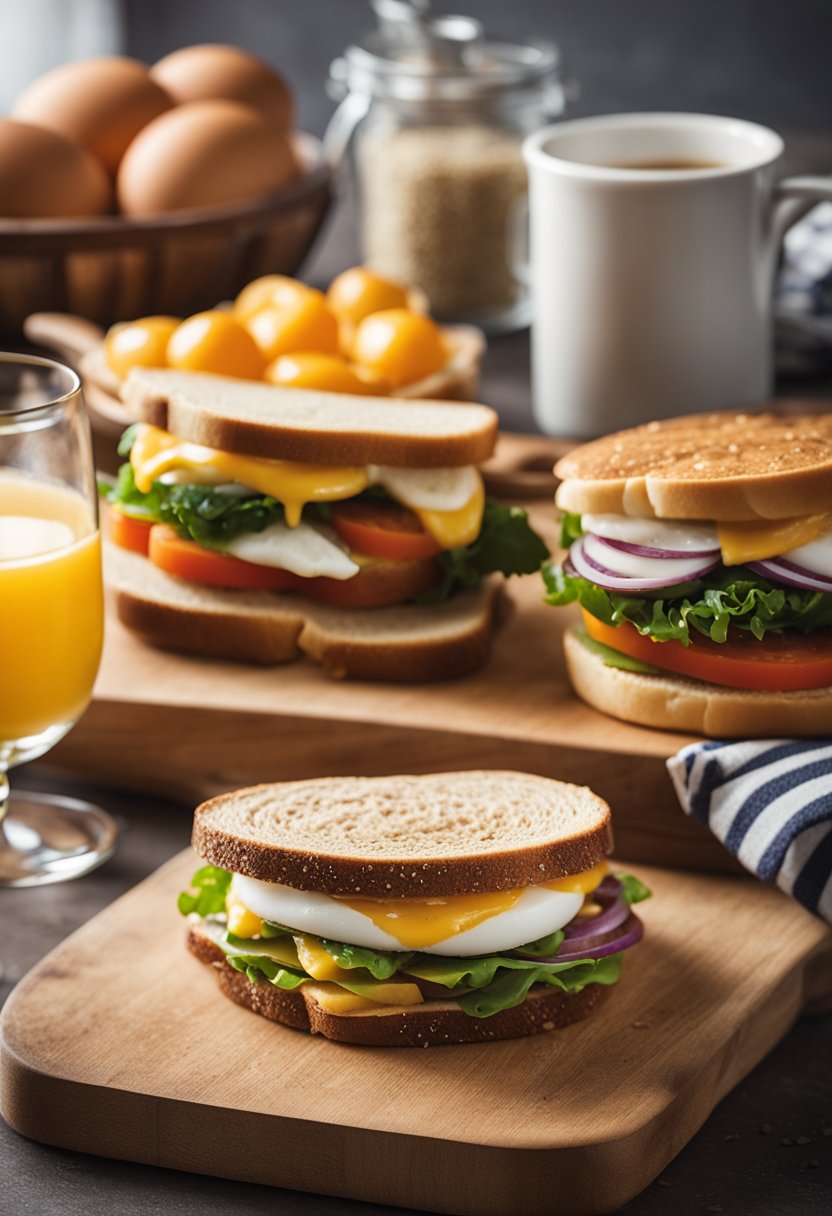 A kitchen counter with an assortment of colorful, pre-made breakfast sandwiches neatly arranged on a tray, surrounded by fresh ingredients like eggs, vegetables, and whole grain bread