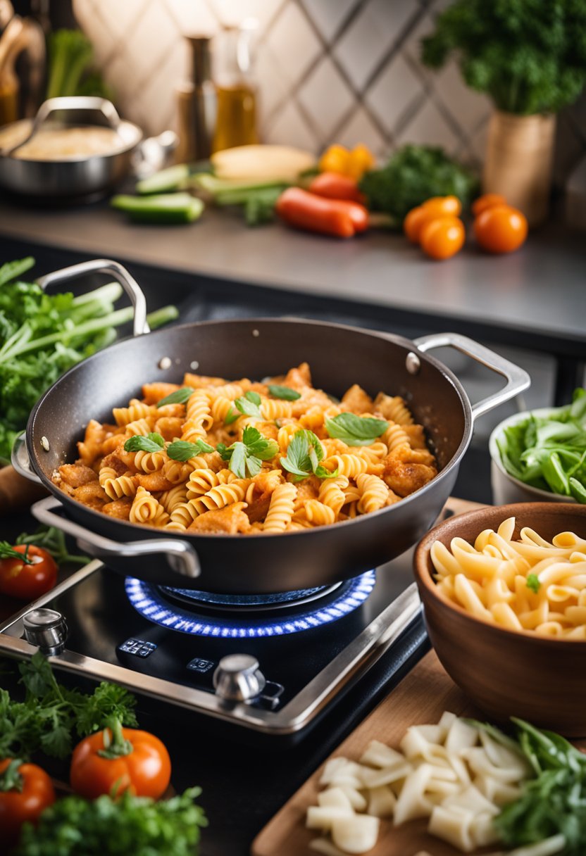 A pot of buffalo chicken pasta simmering on the stove, surrounded by fresh vegetables and herbs