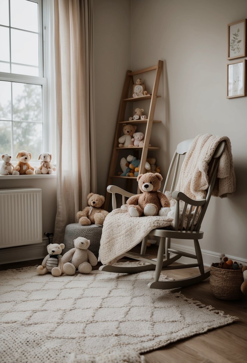 A cozy nursery with soft blankets, stuffed animals, and natural light streaming in through the window. A small teddy bear sits on a rocking chair, surrounded by other baby toys and accessories
