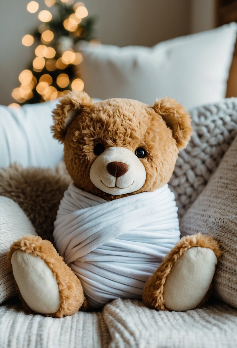 A classic teddy bear wrapped in a baby swaddle, surrounded by soft blankets and pillows in a cozy home setting