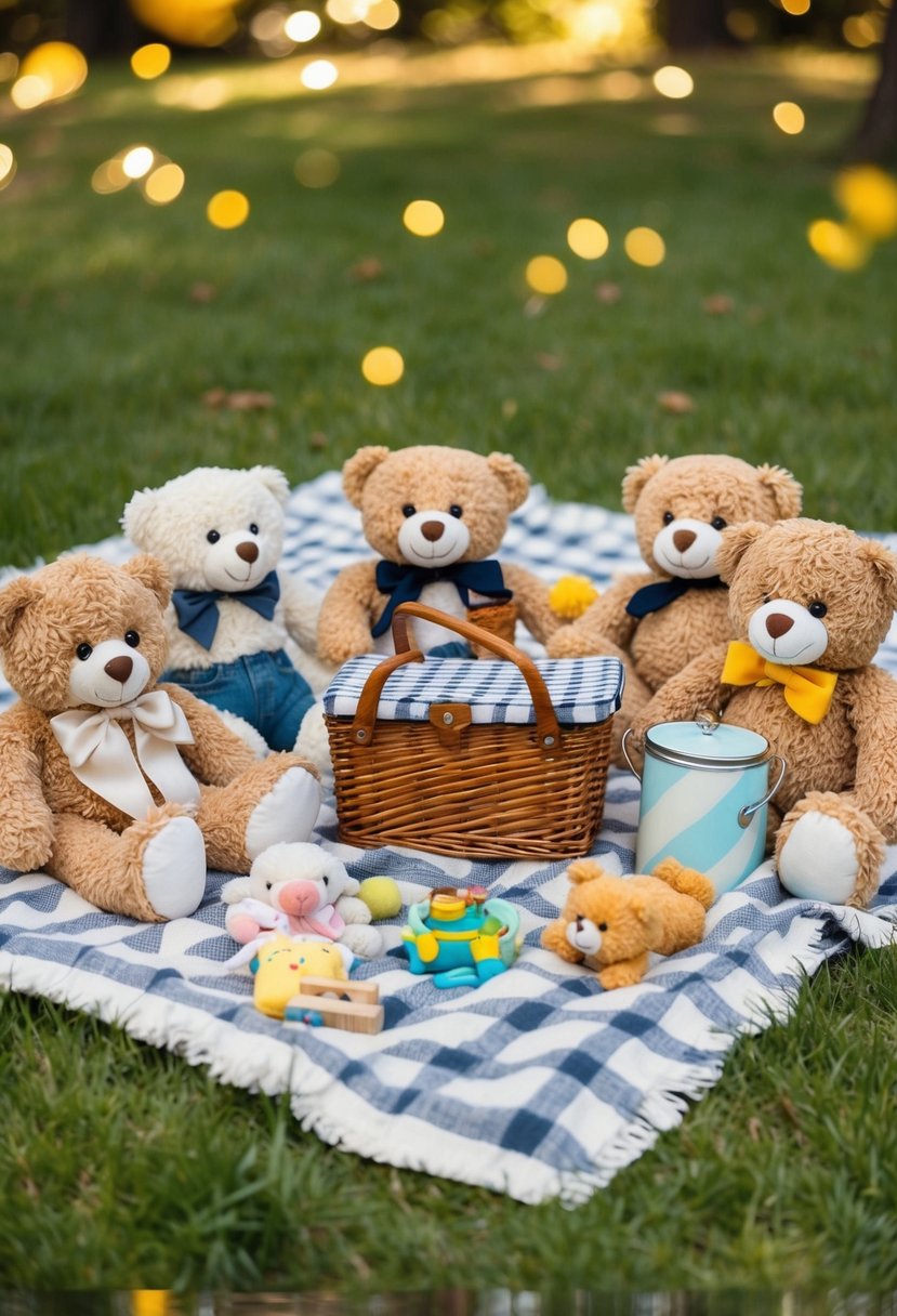 A cozy picnic blanket surrounded by plush teddy bears, scattered with baby toys and a mini picnic basket, set up for a photoshoot